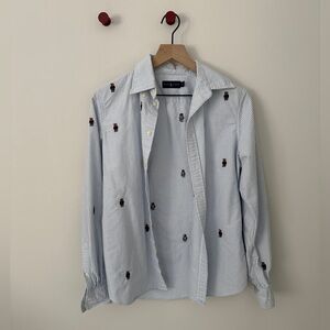 Polo Ralph Lauren Embroidered Bear Pattern Striped Blue Button Down - Size M